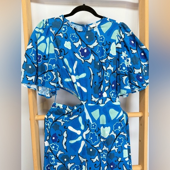 RHODE Blue Floral Linen blend wide leg  flutter sleeve Jumpsuit size S - Picture 6 of 13